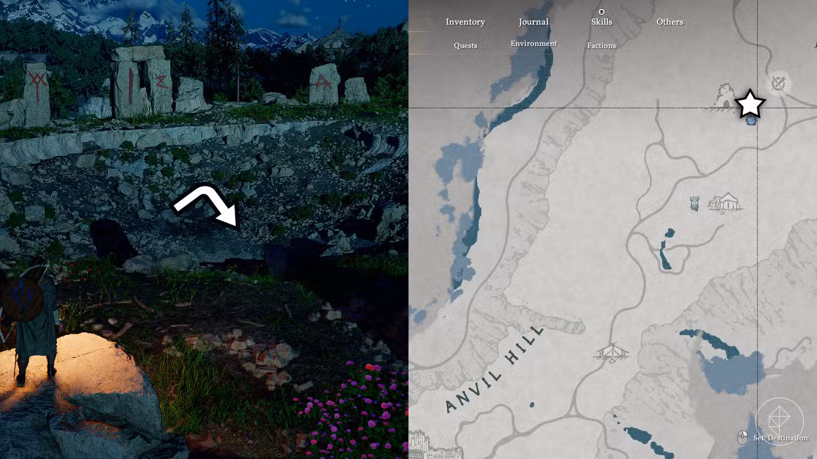 Uma montagem de duas imagens do Deserto Carmesim mostrando a localização da entrada da caverna Anvil Hill Stoneback Crab