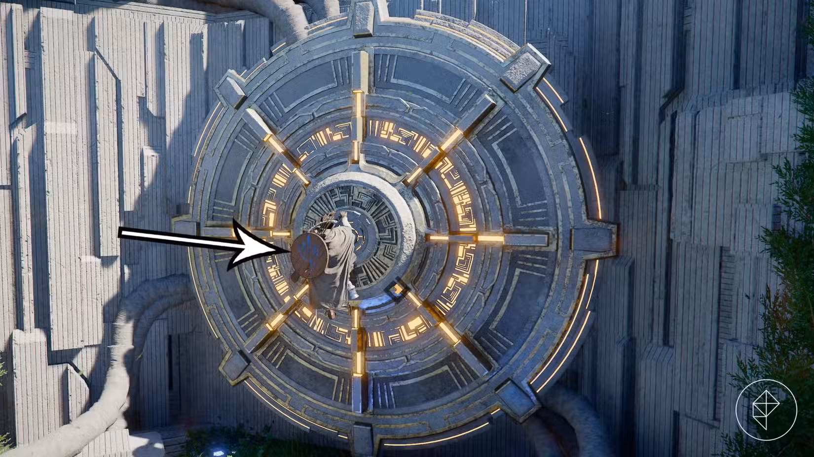 Uma seta aponta para uma placa de pressão no final da missão Abyss Without Balance no Crimson Desert.