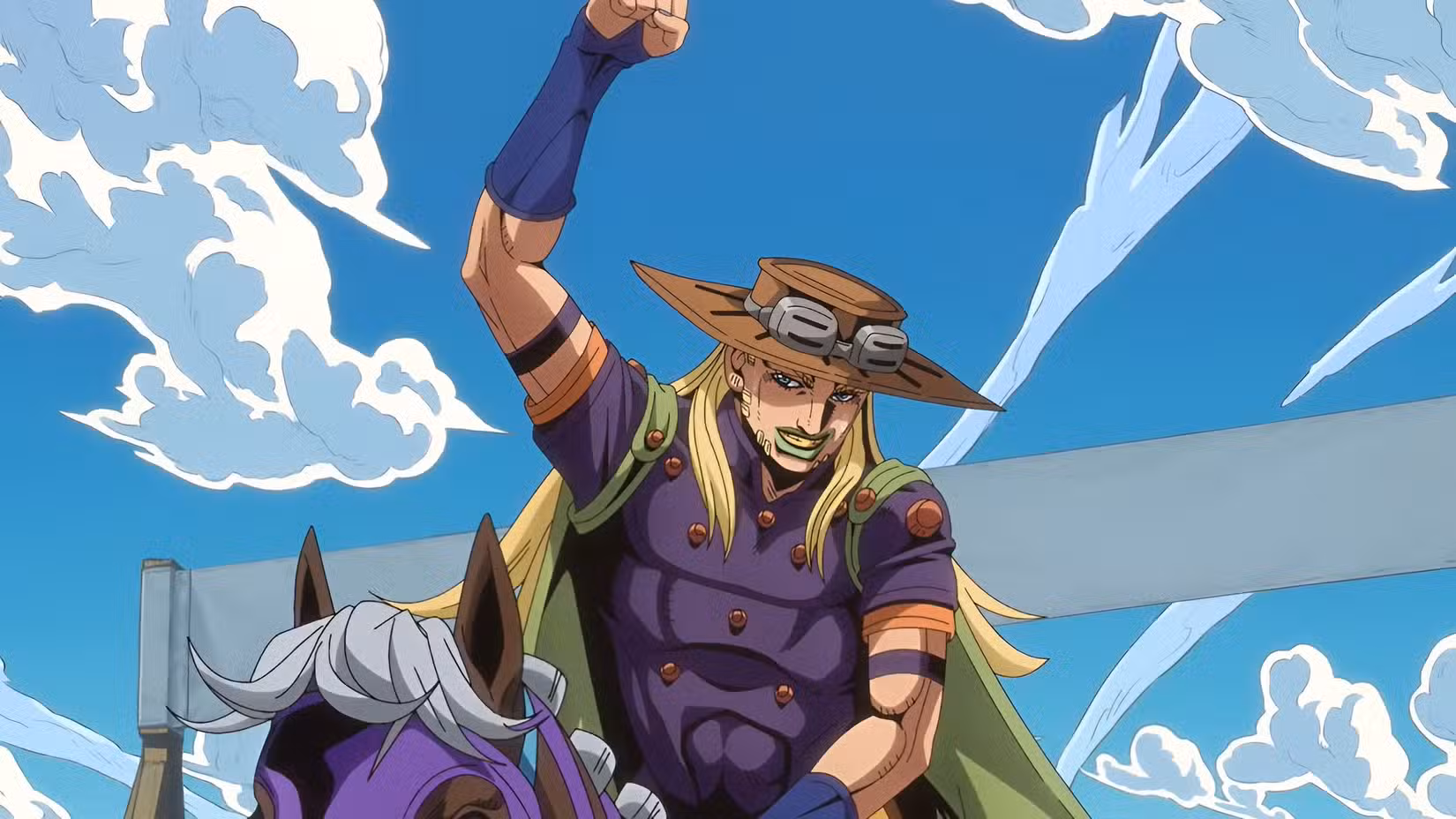 Gyro Zeppeli comemora após vencer a primeira etapa da prova no Steel Ball Run