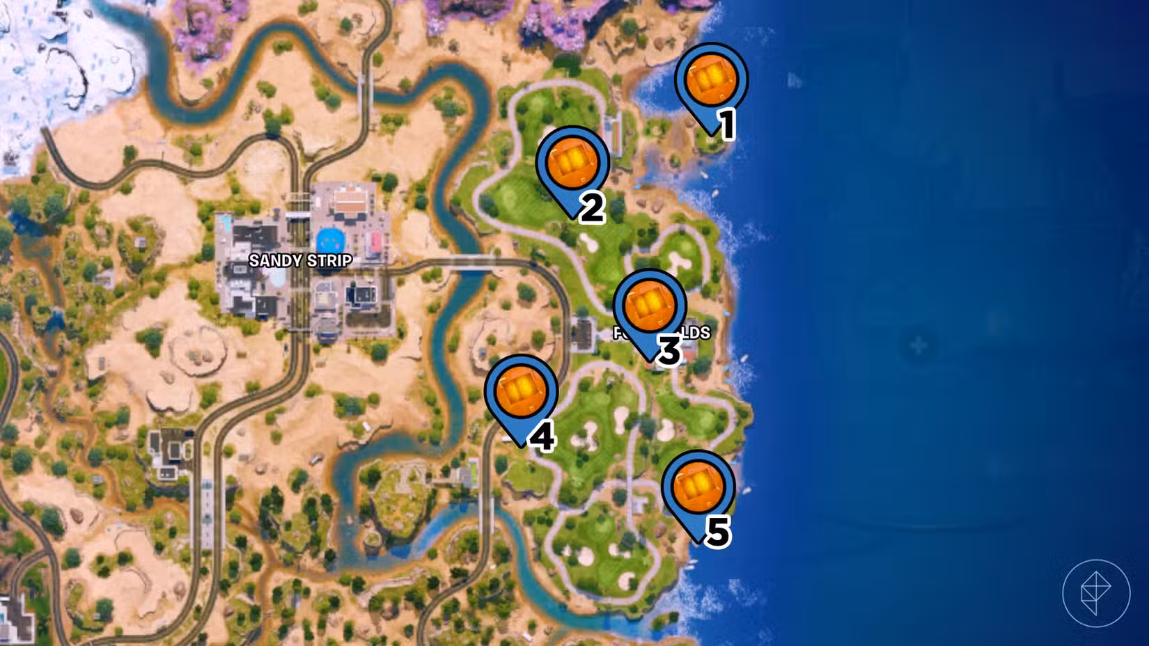 Fore Fields no mapa Fortnite com alfinetes marcando a localização de cada cubo do caos na área.
