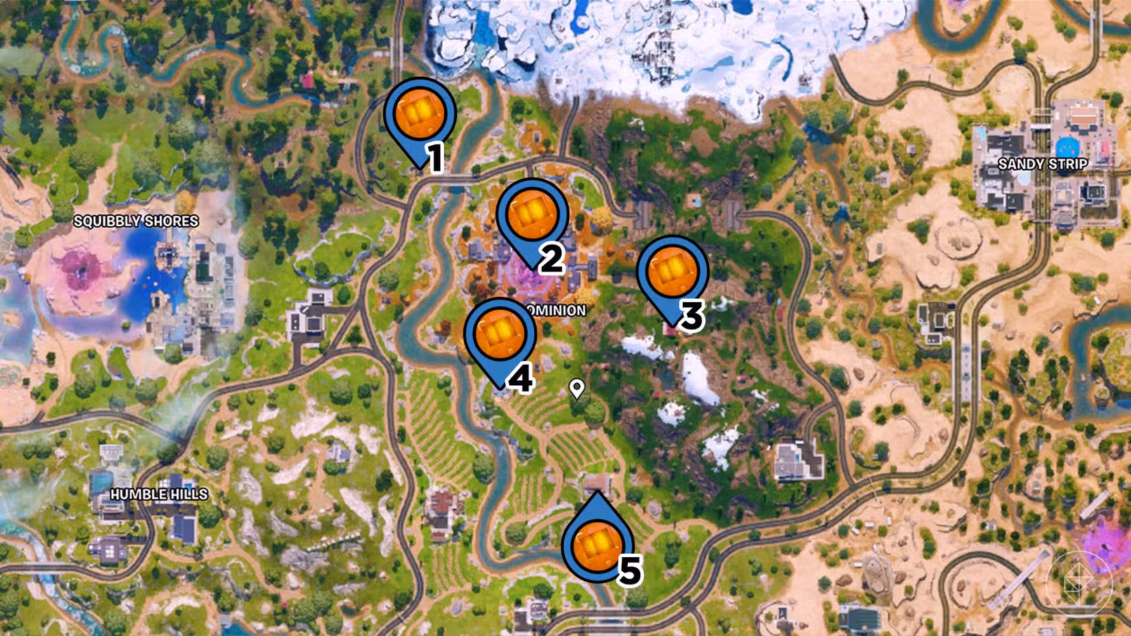 Dark Dominion no mapa Fortnite com alfinetes indicando a localização de cada cubo do caos na área.