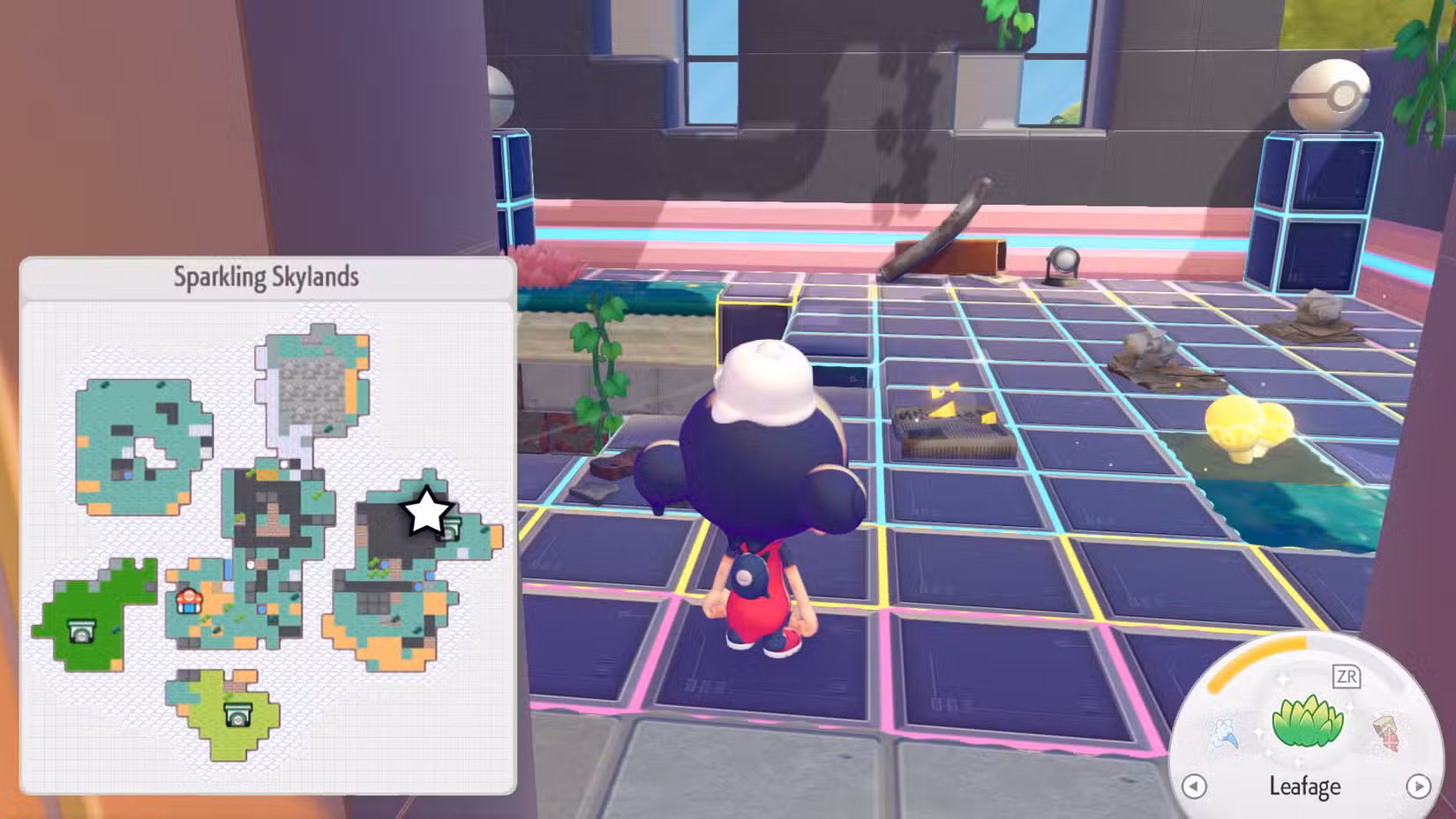 Um jornal brilhante no chão de um ginásio Pokémon em Pokopia