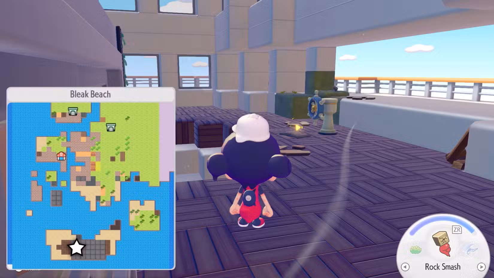 Um Ditto se aproxima de um livro na frente do volante de um navio.