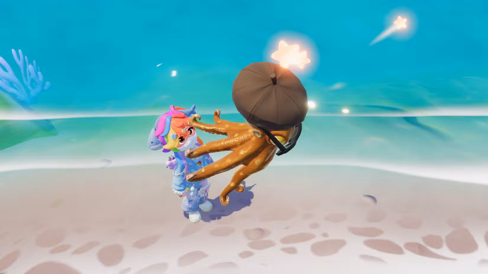 Um grande polvo marrom usando uma boina marrom e óculos escuros em Heartopia