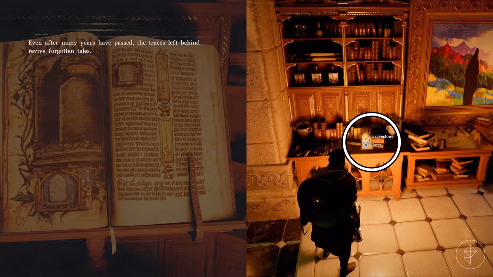 Um grande livro com um enigma e a imagem de uma lápide, que é encontrado em uma mesa próxima no Deserto Carmesim.