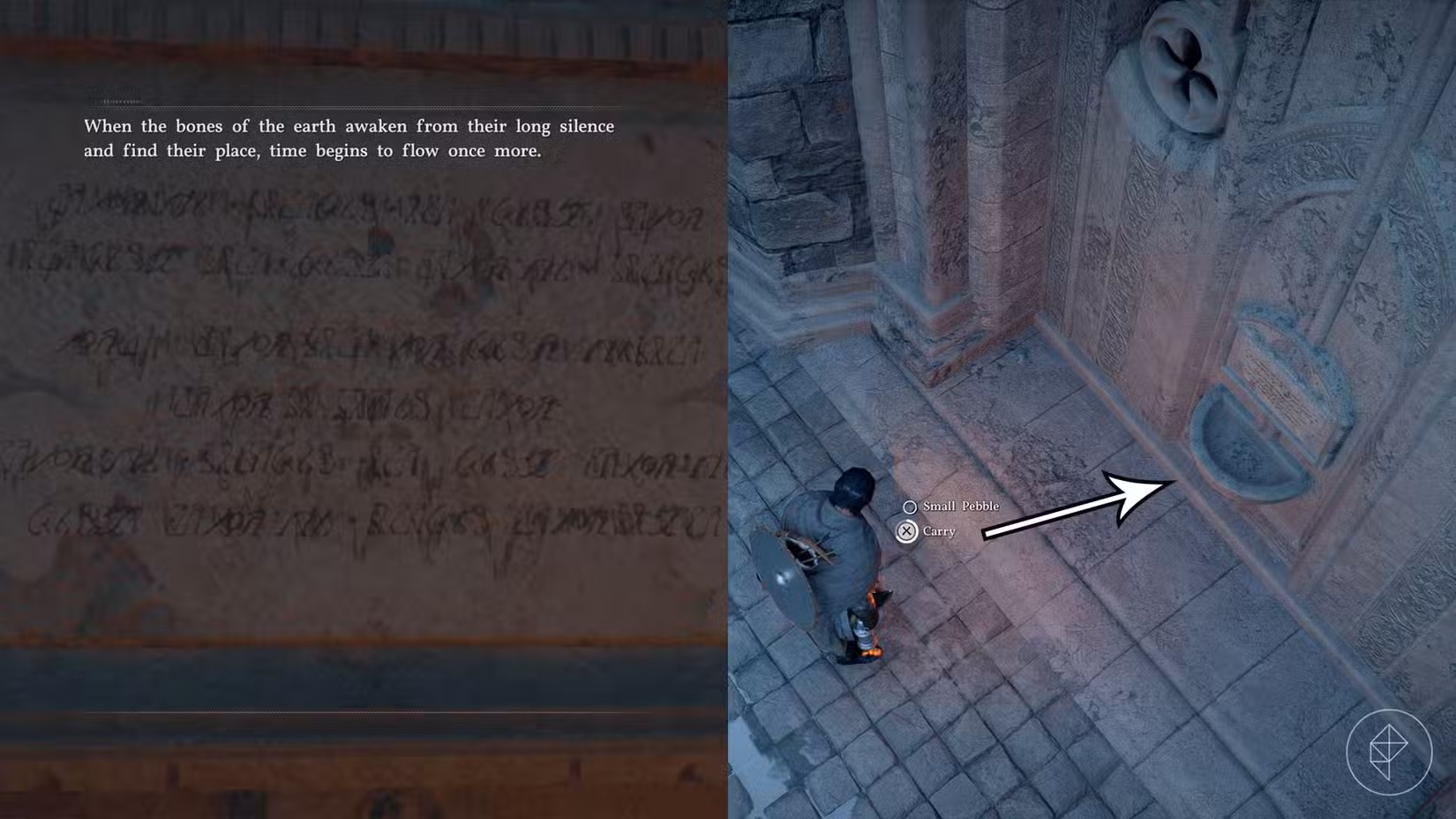 O enigma para abrir a porta do Spire of Insight junto com uma pequena pedra para ser colocada dentro da tigela na porta no Crimson Desert.