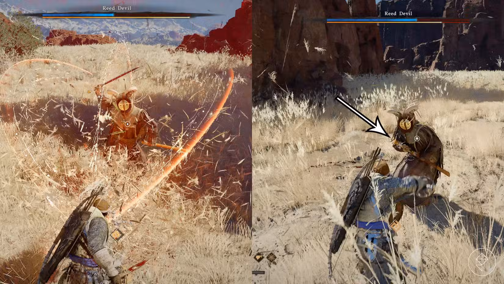 O Reed Devil usa sua rajada de ataque à esquerda e embainha sua arma à direita no Crimson Desert.