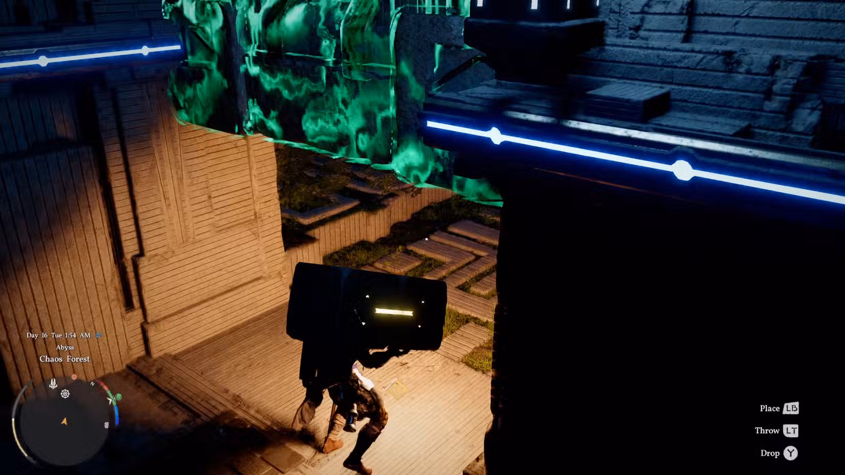 Kliff movendo um fragmento do Abismo sob uma porta no Deserto Carmesim