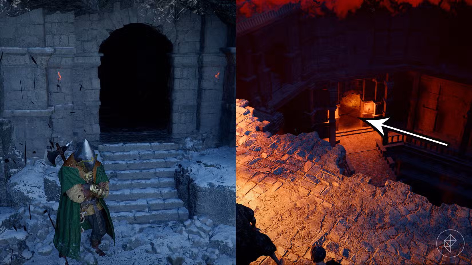 Uma montagem usando duas imagens do Crimson Desert mostrando a entrada do local e o chão onde você encontra a Soul Spear