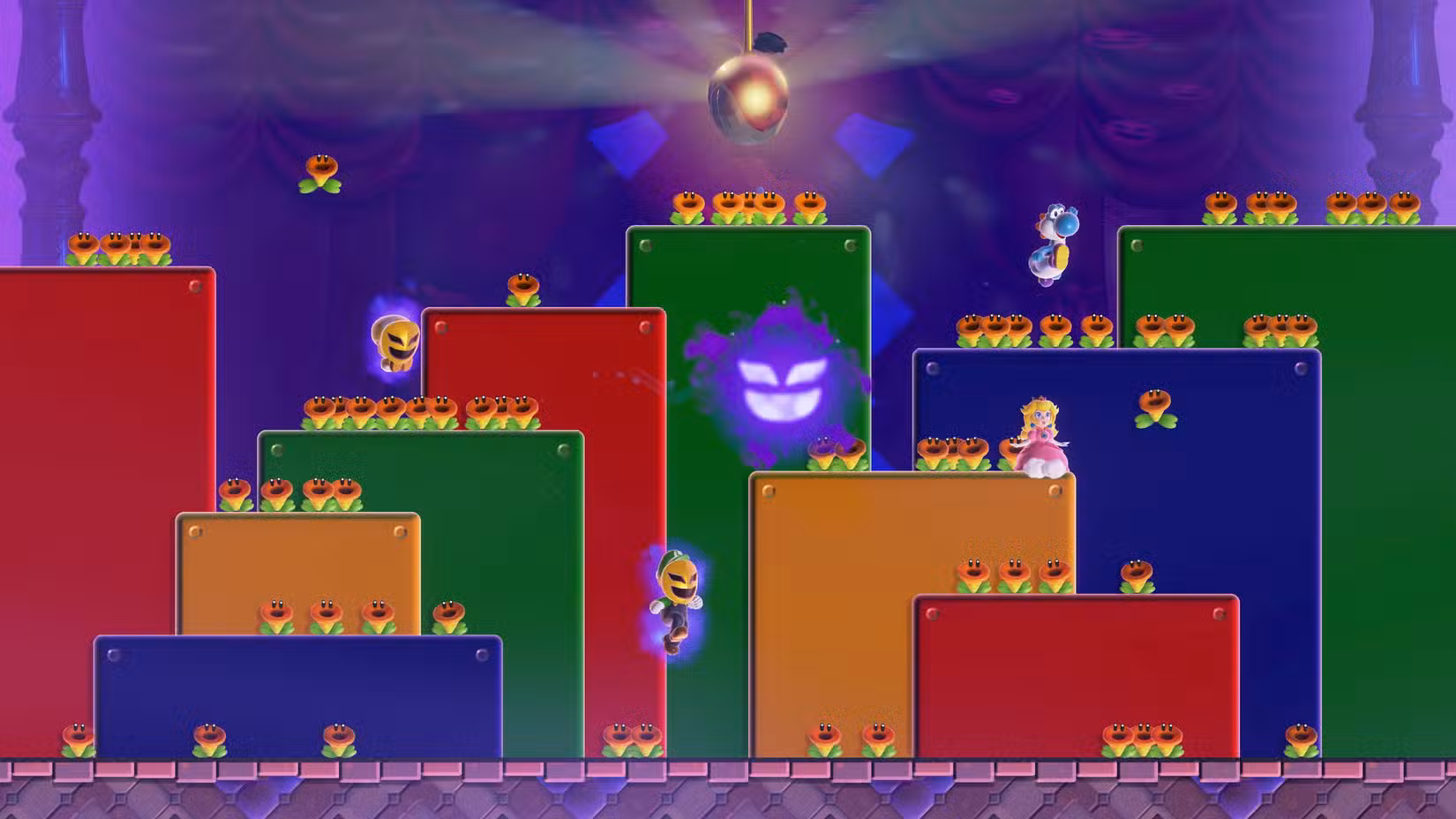 Luigi, Yoshi e Peach enfrentam desafios de plataforma no DLC Super Mario Bros Wonder no Switch 2