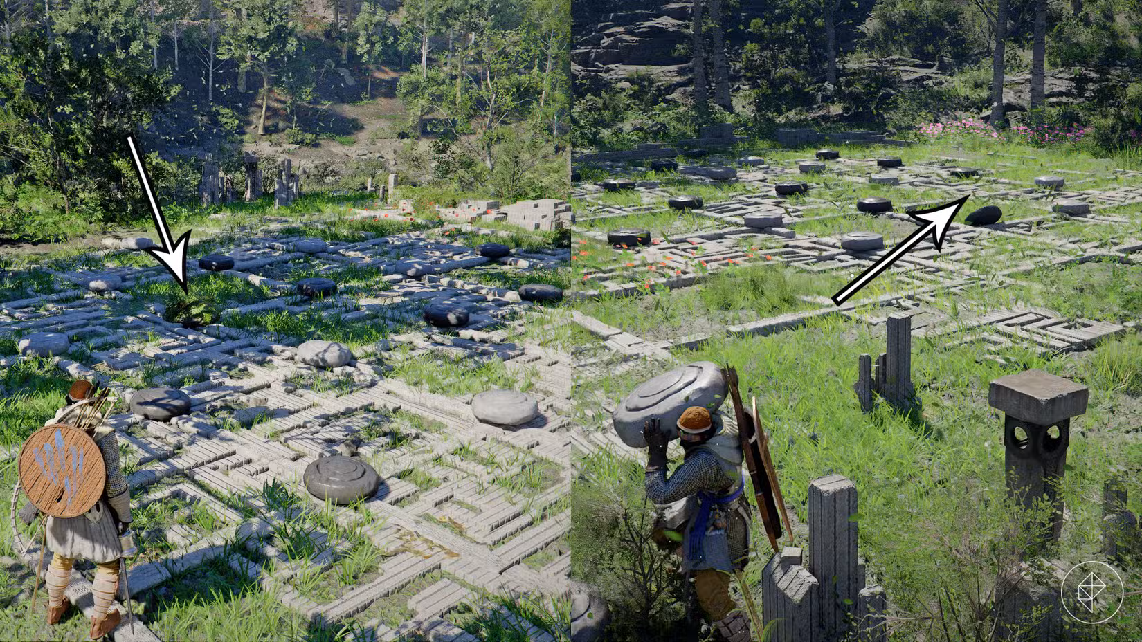 A solução para o quebra-cabeça Crimson Desert Duskwood que exige que o jogador afugente um caranguejo musgo e coloque pedras brancas em uma fileira em um tabuleiro Go.