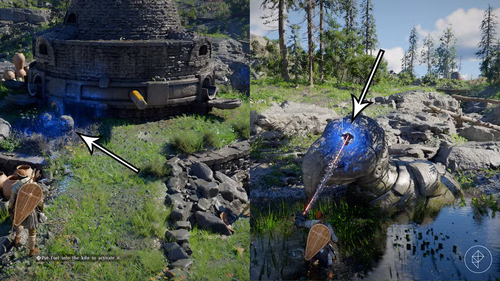 As setas apontam para os três primeiros orbes de combustível necessários para alimentar um forno do Deserto Carmesim.