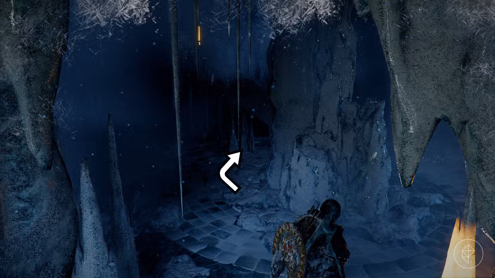 Uma imagem mostrando onde os jogadores vão para encontrar o baú dentro do Spire of Frost no Crimson Desert e pegar a espada Frozen Anguish