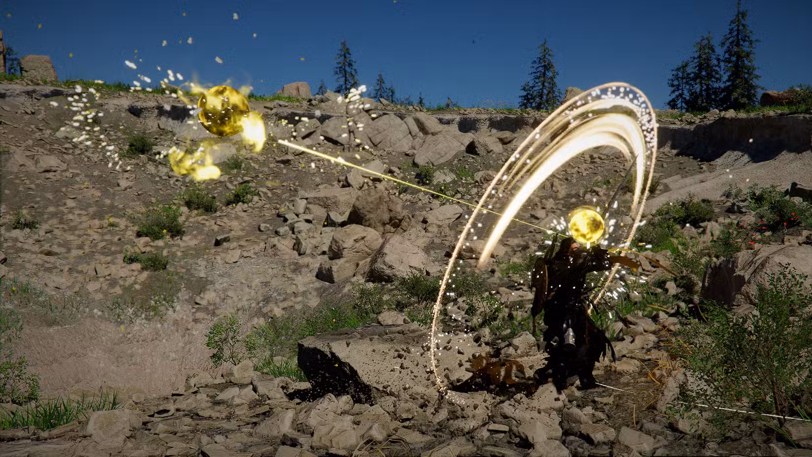 Uma captura de tela do Crimson Desert mostrando Kliff usando o Darkbringer, que lançou dois orbes amarelos