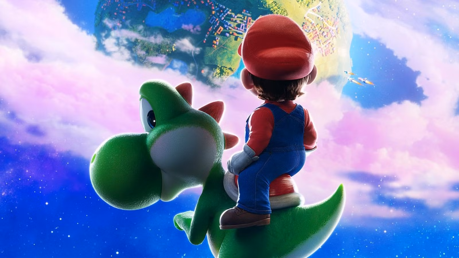 Mario monta nas costas de Yoshi na arte do filme Super Mario Galaxy