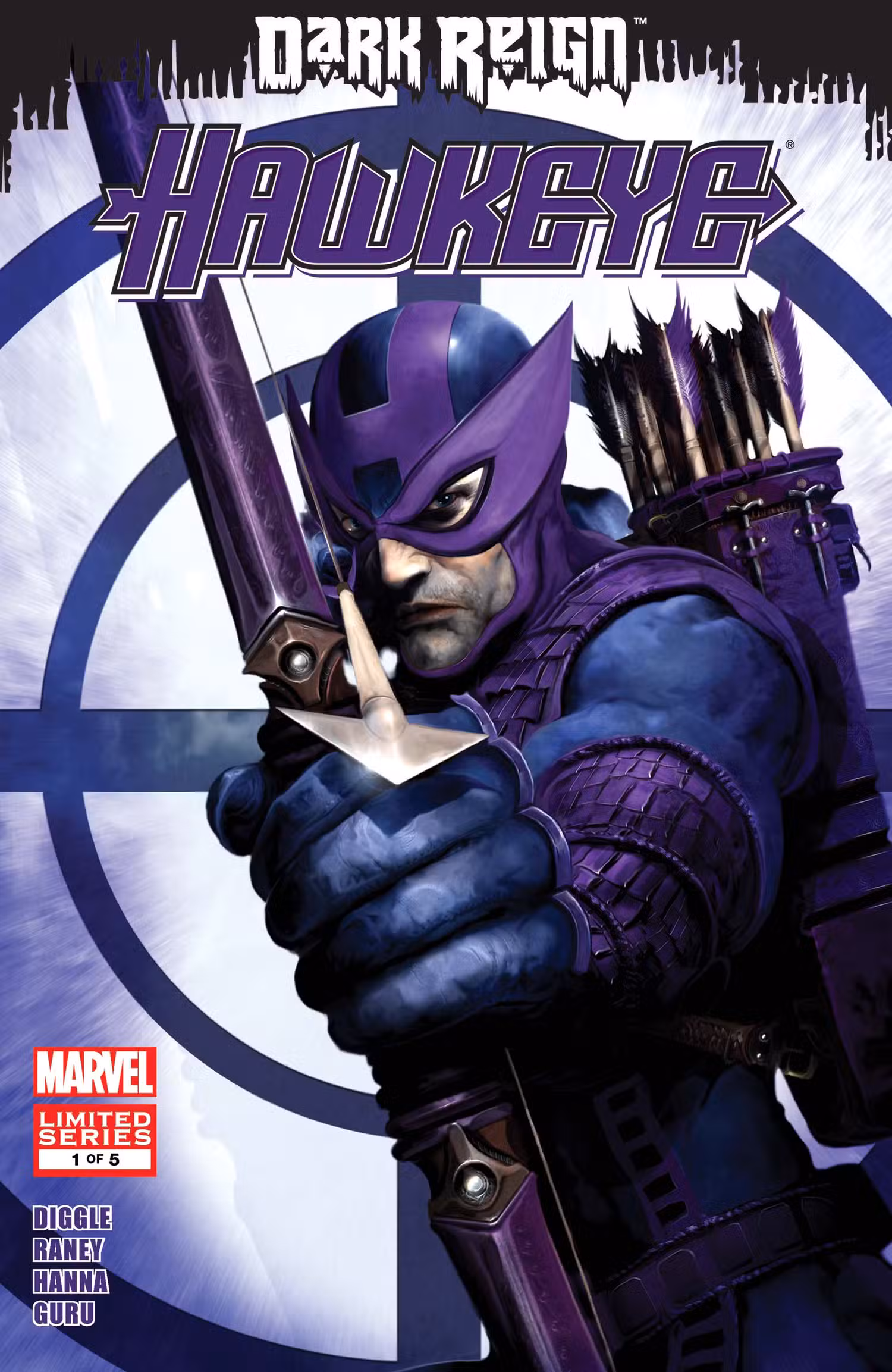 Bullseye vestido como Hawkeye na capa de Dark Reign: Hawkeye Issue #1