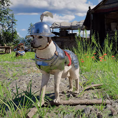 Um cachorro vestindo uma armadura de metal brilhante no Deserto Carmesim.