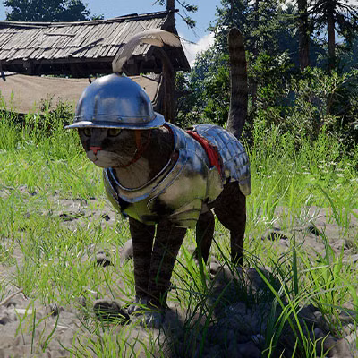 Um gato vestindo uma armadura de metal brilhante no Deserto Carmesim.