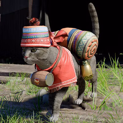 Um gato vestindo uma roupa de linho com um cobertor nas costas e um pequeno barril pendurado no pescoço no Deserto Carmesim.