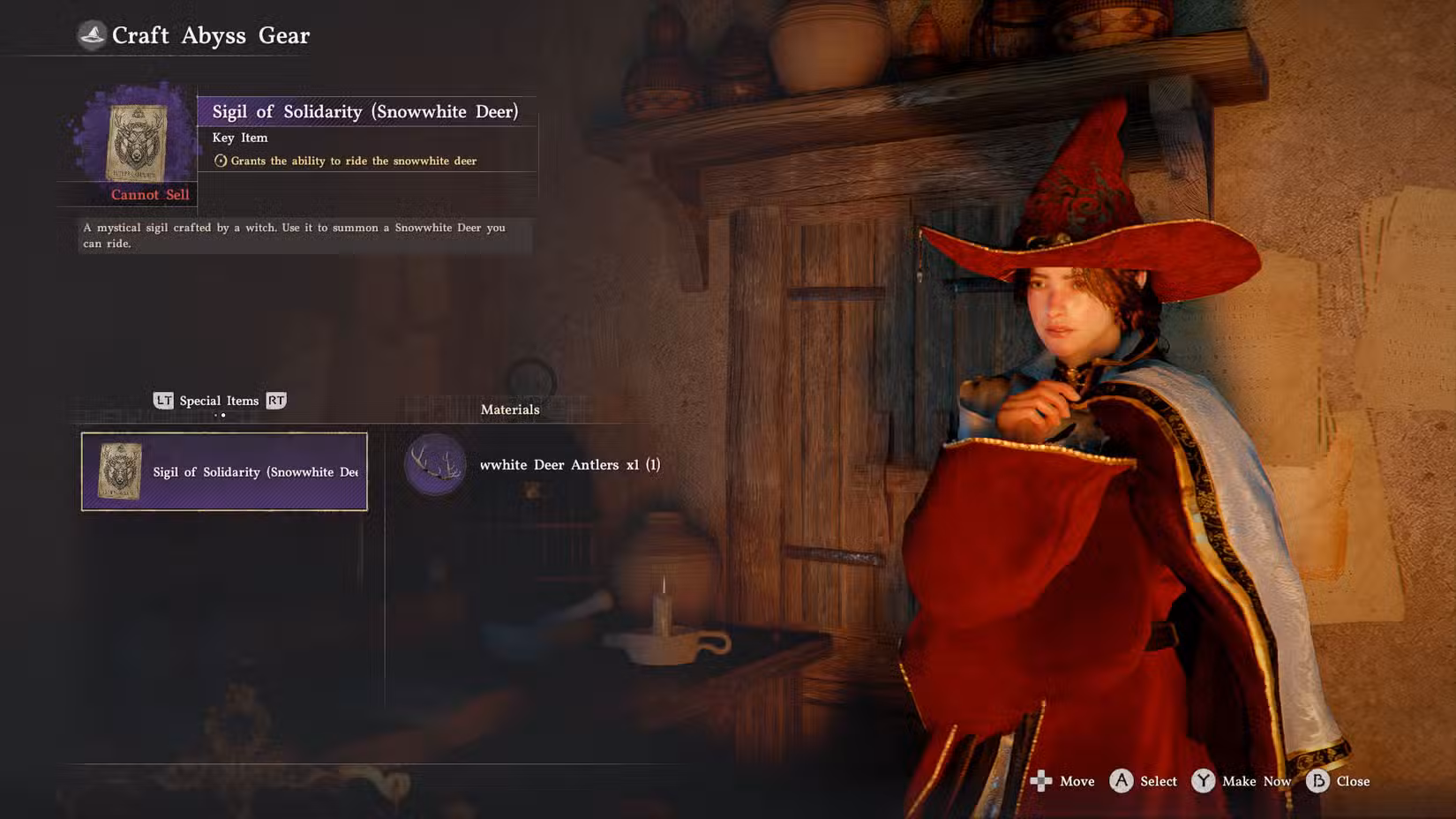 Uma captura de tela do Crimson Desert mostrando uma bruxa elaborando o Sigilo da Solidariedade