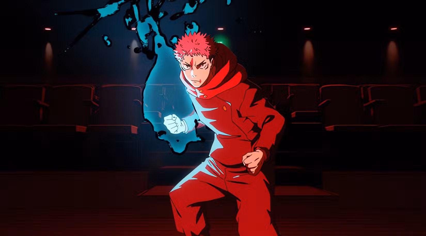 Um menino fecha o punho que brilha com energia azul amaldiçoada em Jujutsu Kaisen