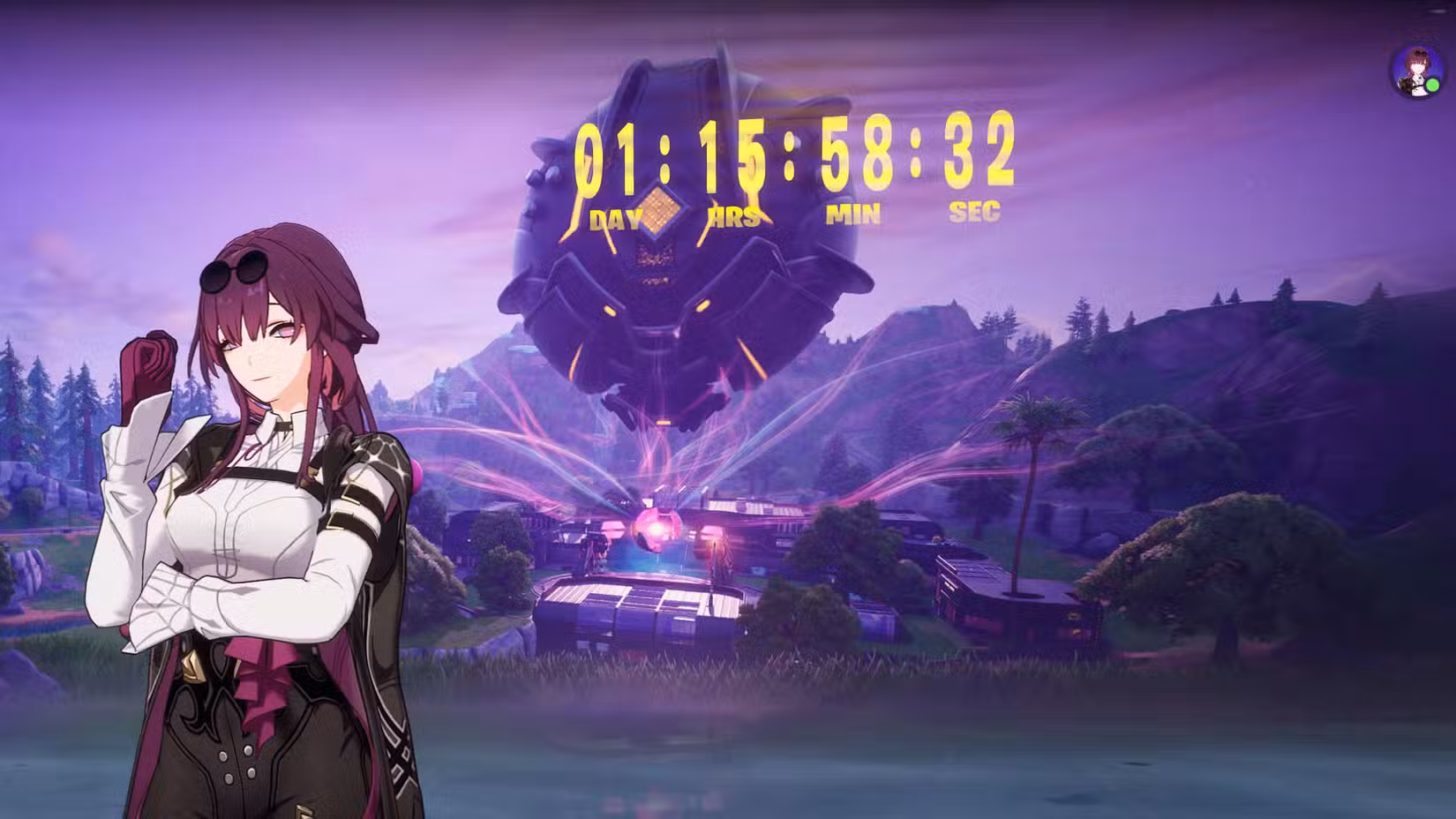 Kafka de Honkai: Star Rail em frente a uma contagem regressiva no lobby do Fortnite.