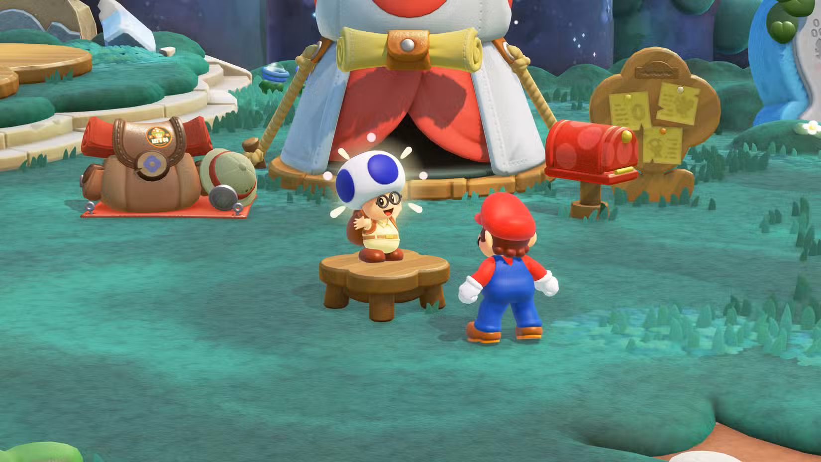 Toad senta em um banquinho no DLC Super Mario Bros Wonder no Switch 2