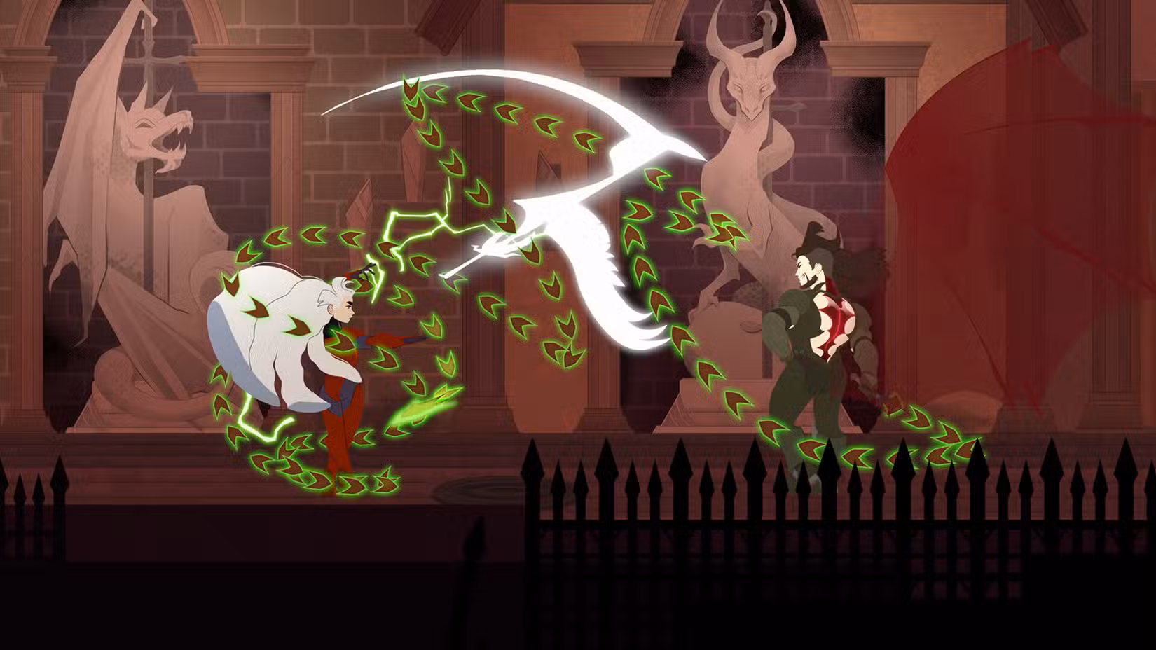 Dois espadachins se enfrentam em um corredor em At Fate's End