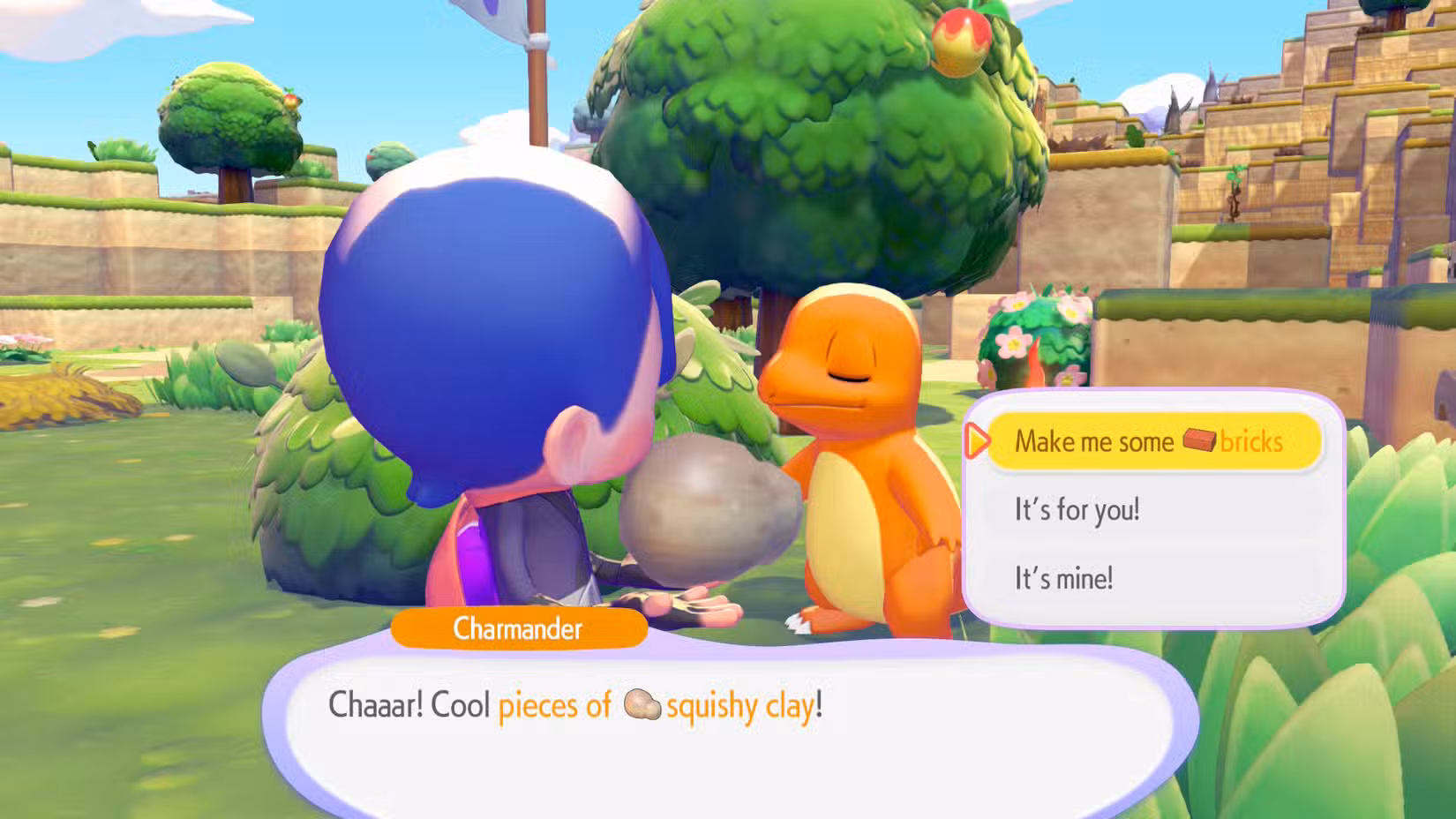 O mesmo vale para pedir tijolos a Charmander em Pokémon Pokopia