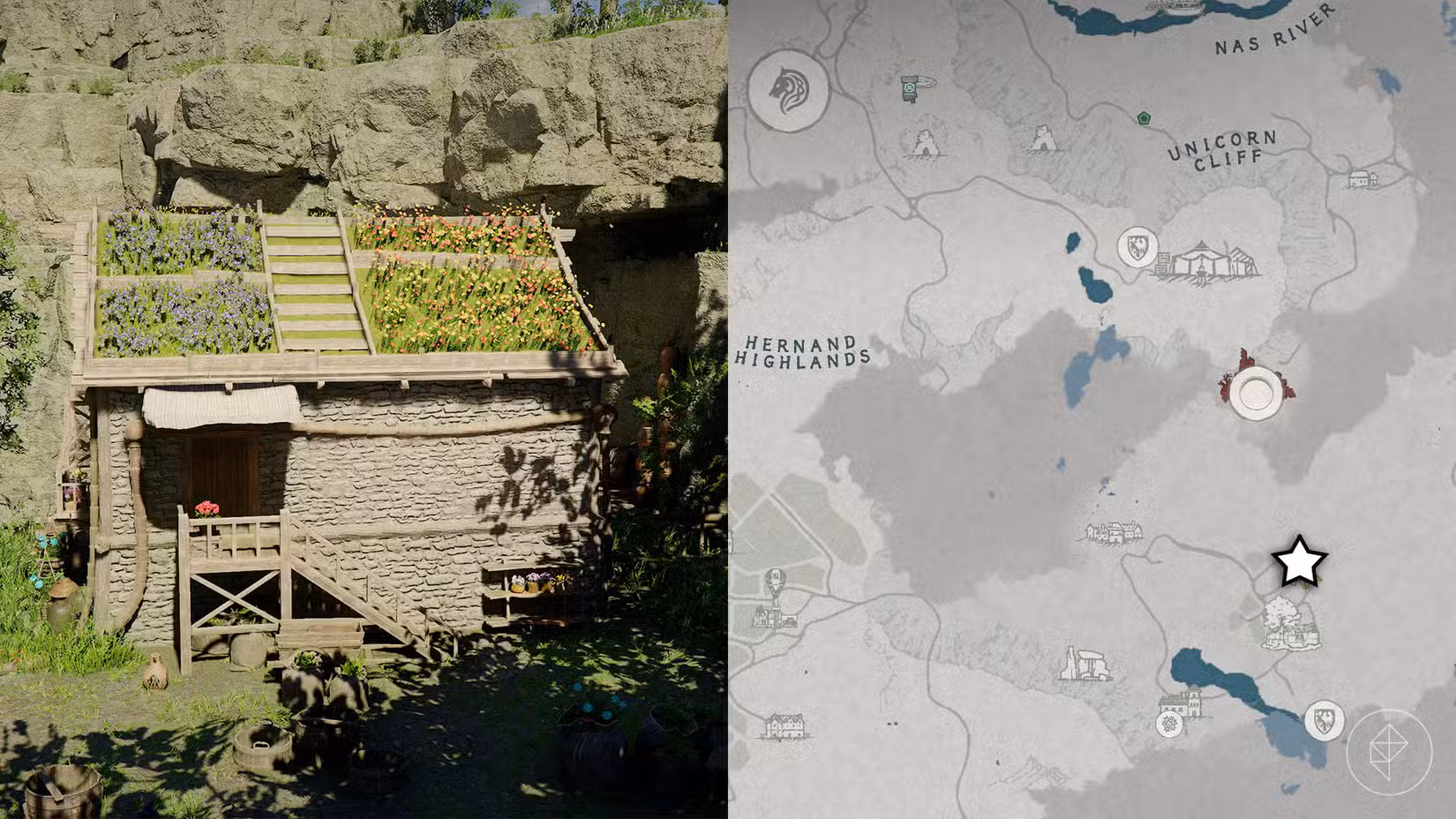 Uma casa de pedra com canteiros de flores no telhado e sua localização marcada no mapa do Deserto Carmesim com uma estrela.