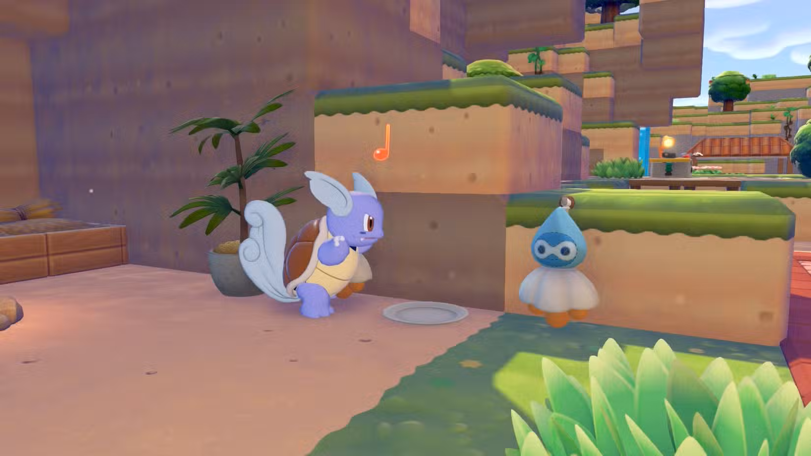 Um Wartortle executa Rain Dance perto de alguns bonecos Castform em Pokopia