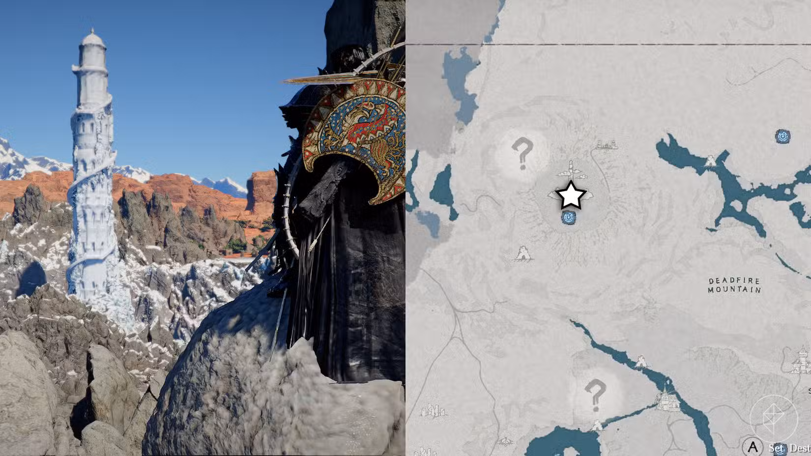 Um homem no topo de uma montanha olhando para uma torre congelada à distância, juntamente com sua localização marcada em um mapa.