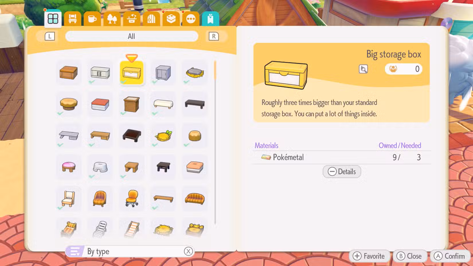 Um menu de artesanato mostrando como fazer uma grande caixa de armazenamento em Pokopia