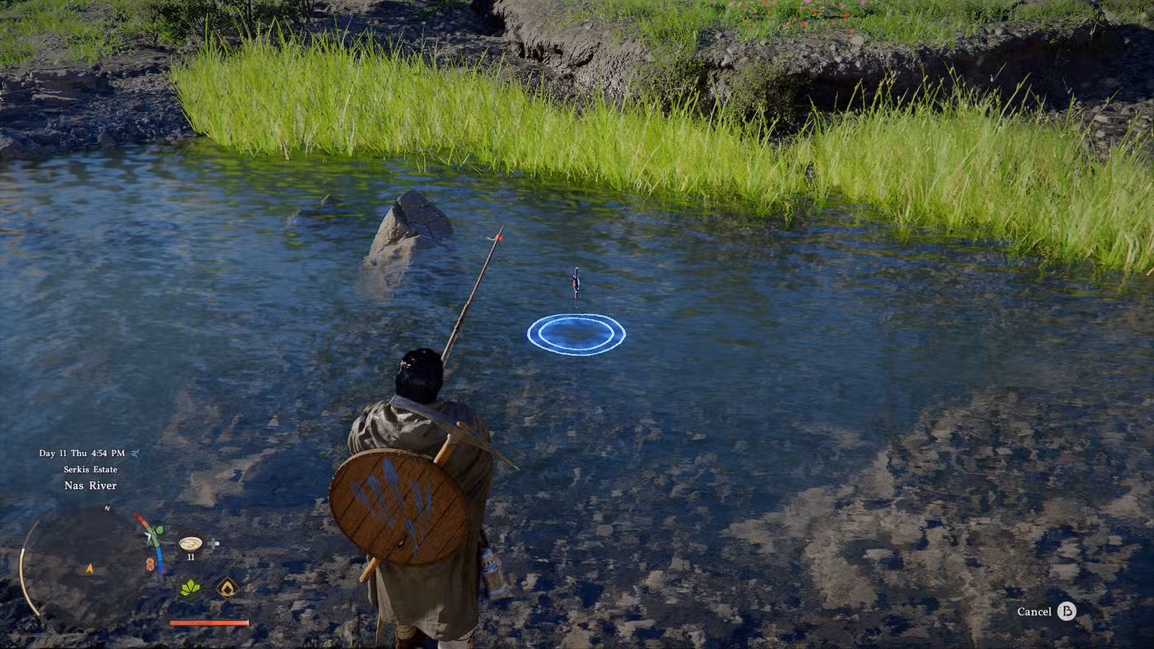 Uma captura de tela do Crimson Desert mostrando Kiff, o personagem principal, pescando