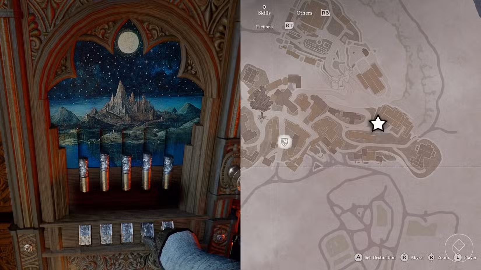 O lado esquerdo da imagem mostra o quebra-cabeça do cofre Hillside Manor em Crimson Desert, enquanto o lado direito da imagem mostra a localização do cofre no mapa do jogo.