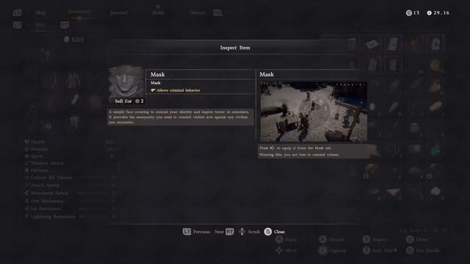 A tela de informações do item de máscara no Deserto Carmesim.