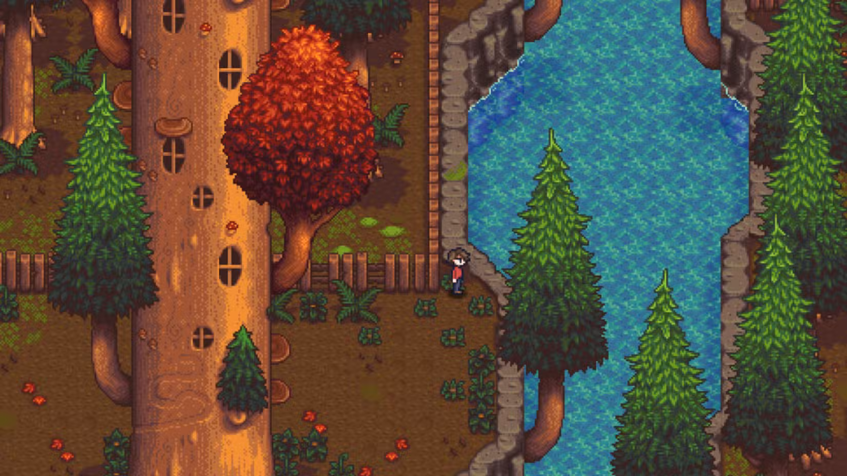 Uma cena de um personagem masculino com cabelos castanhos explorando uma enorme floresta em Haunted Chocolatier.