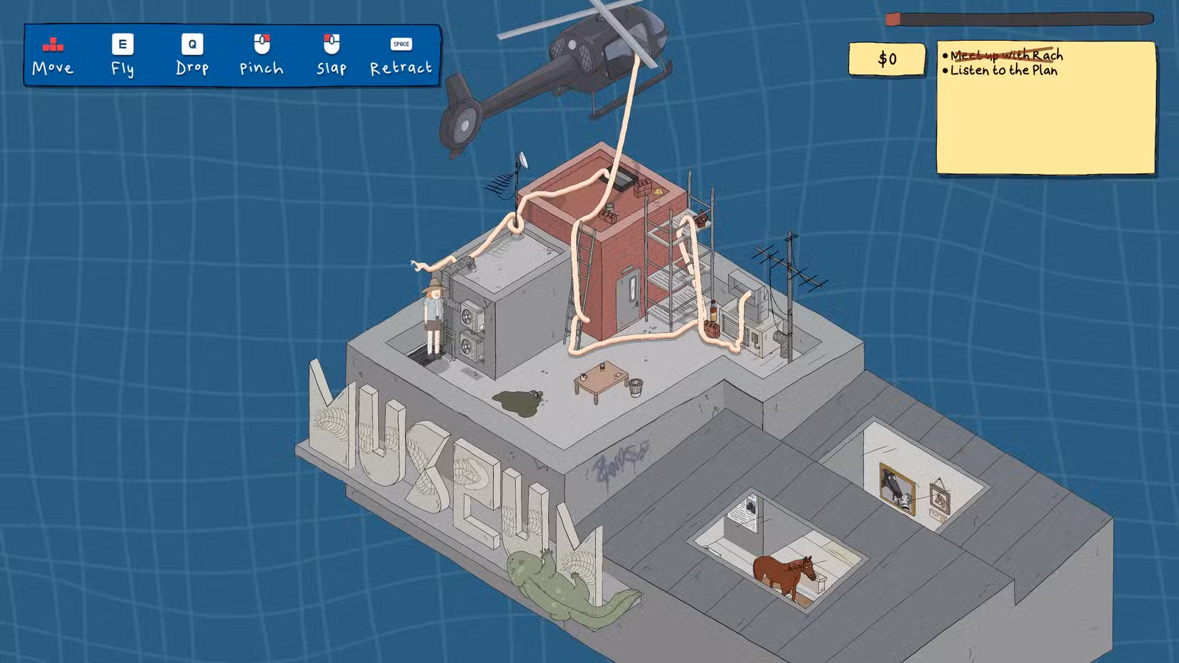 Um braço longo pendurado em um helicóptero em My Arms Are Longer Now.