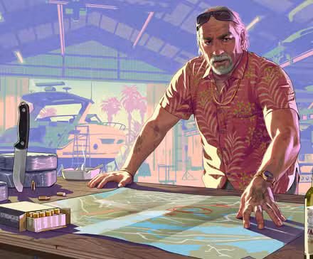 Brian_Heder do GTA 6 com um mapa aberto diante dele