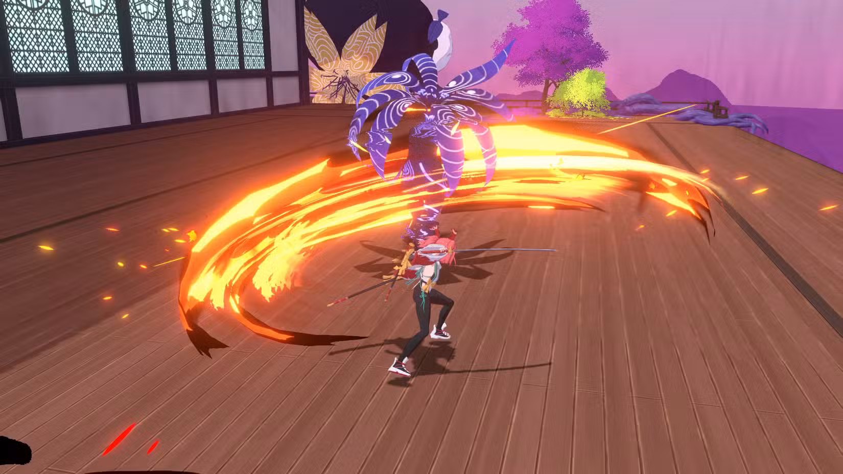 Um jovem exorcista faz um ataque de espada estiloso e colorido em uma captura de tela de Homura Hime