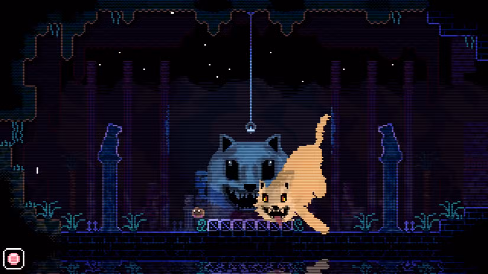 Uma captura de tela pixelada do jogo Animal Well, mostrando um gato fantasmagórico aparecendo no mapa.