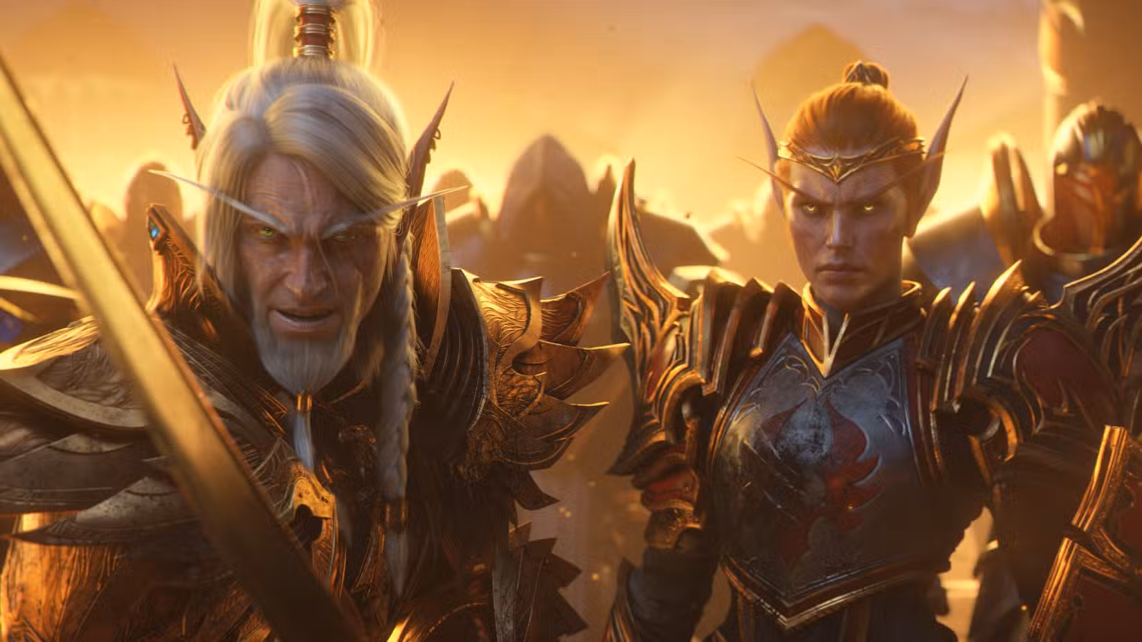 Uma foto do filme World of Warcraft: Midnight mostrando Lor'themar e Lady Liadrin