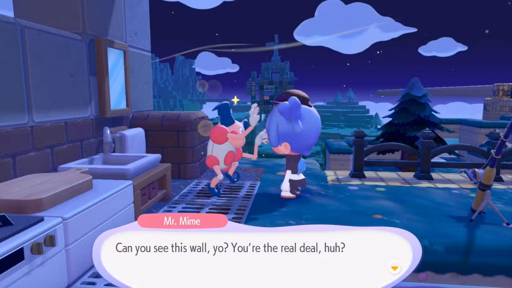 Sr. Mime fala com um jogador em Pokémon Pokopia.