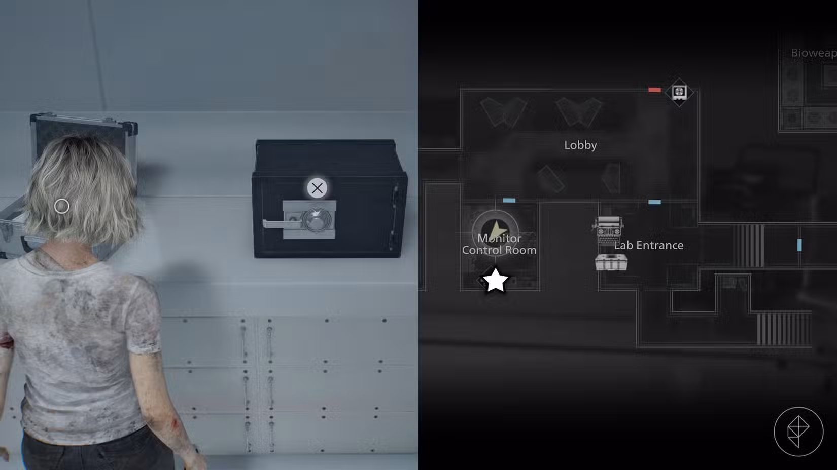 Uma montagem usando duas capturas de tela de Resident Evil Requiem mostrando a localização do cofre da Monitor Control Room