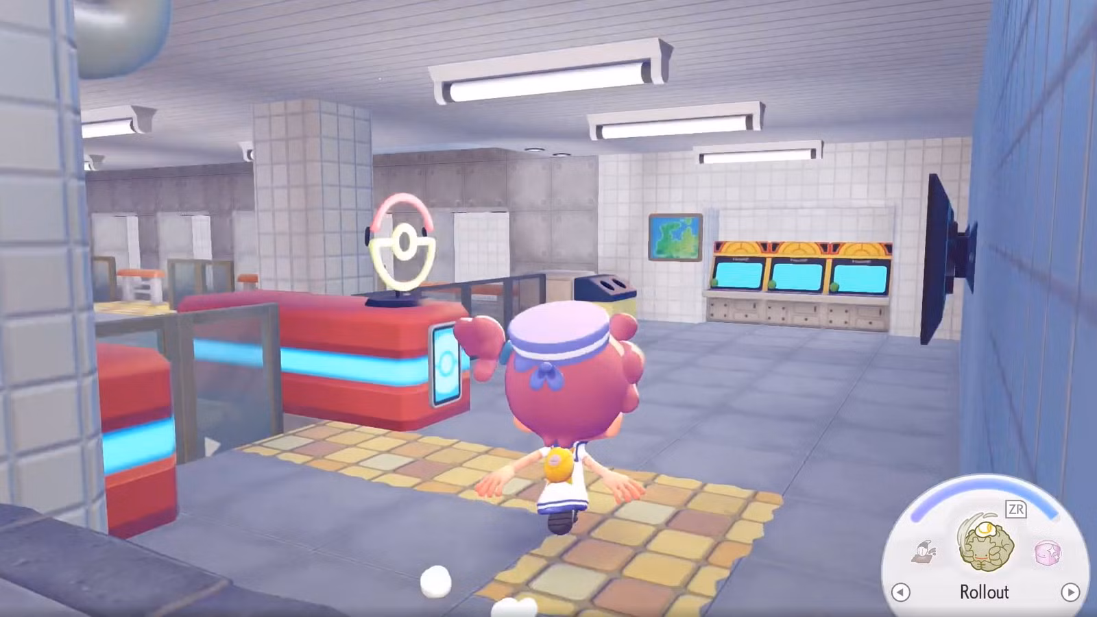 Um Ditto atravessa uma estação de metrô em Pokémon Pokopia.