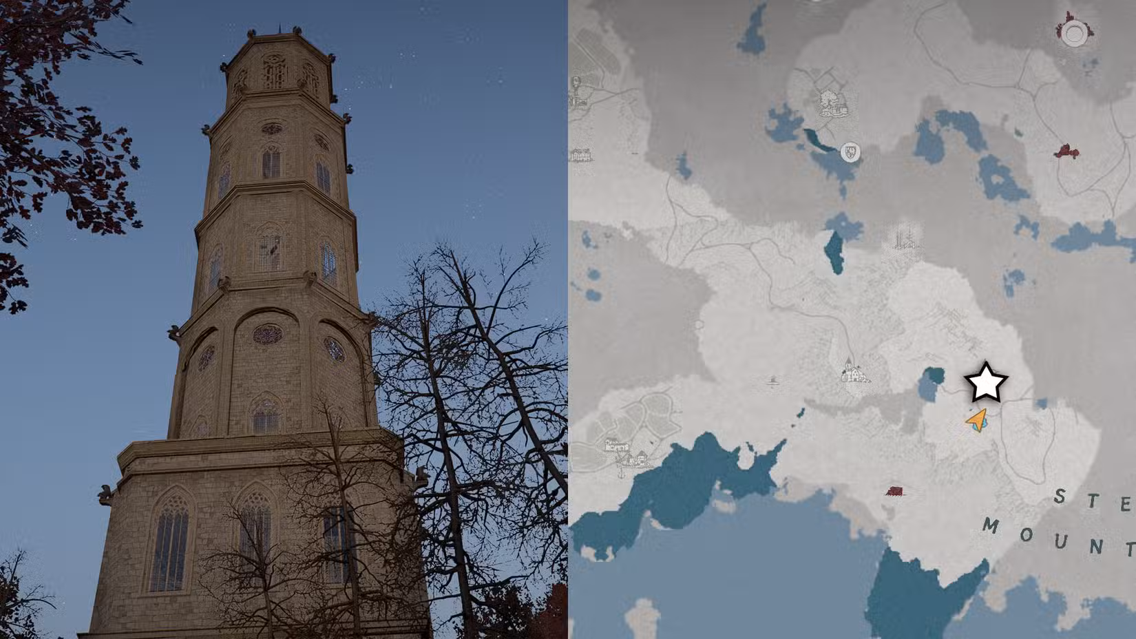 A localização do Spire of Insight marcada no mapa Crimson Desert com uma estrela.