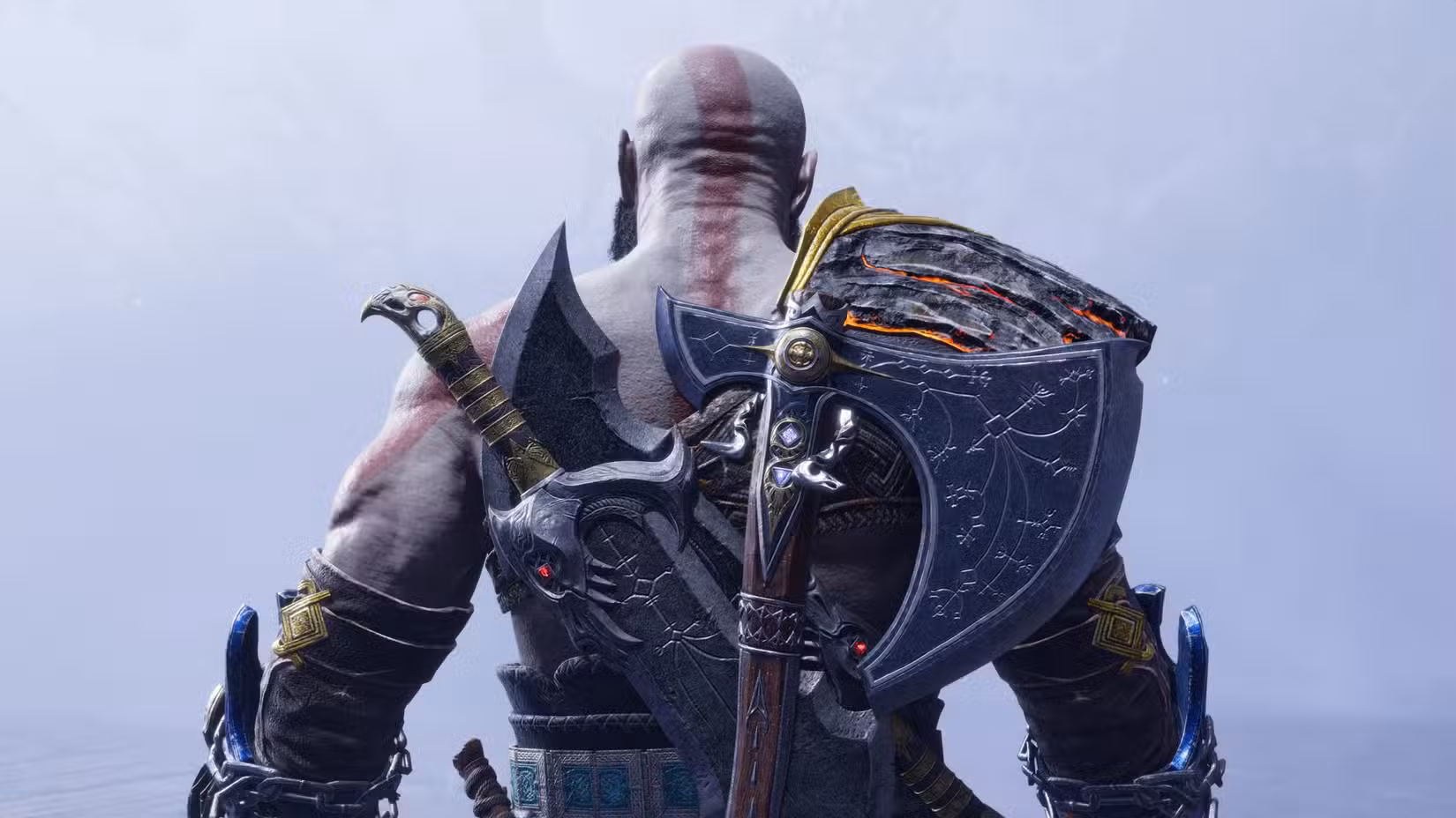 Kratos fica de costas para a câmera em uma nuvem de névoa em God of War Ragnarok, um grande jogo de PlayStation com muitos guias, dicas, truques e segredos.