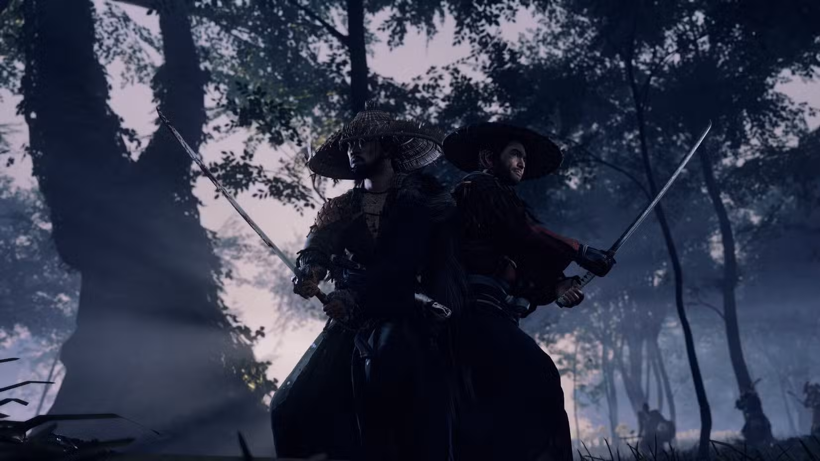 Dois samurais ficam de costas um para o outro com espadas em punho em Ghost of Tsushima