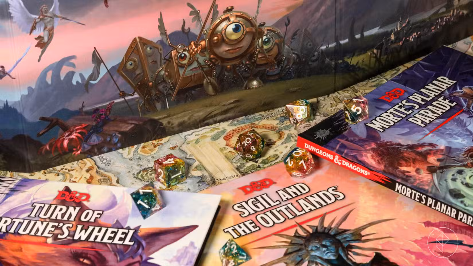 Três livros, uma tela de DM e um mapa com alguns dados divertidos completam a coleção Planescape: Adventures in the Multiverse.