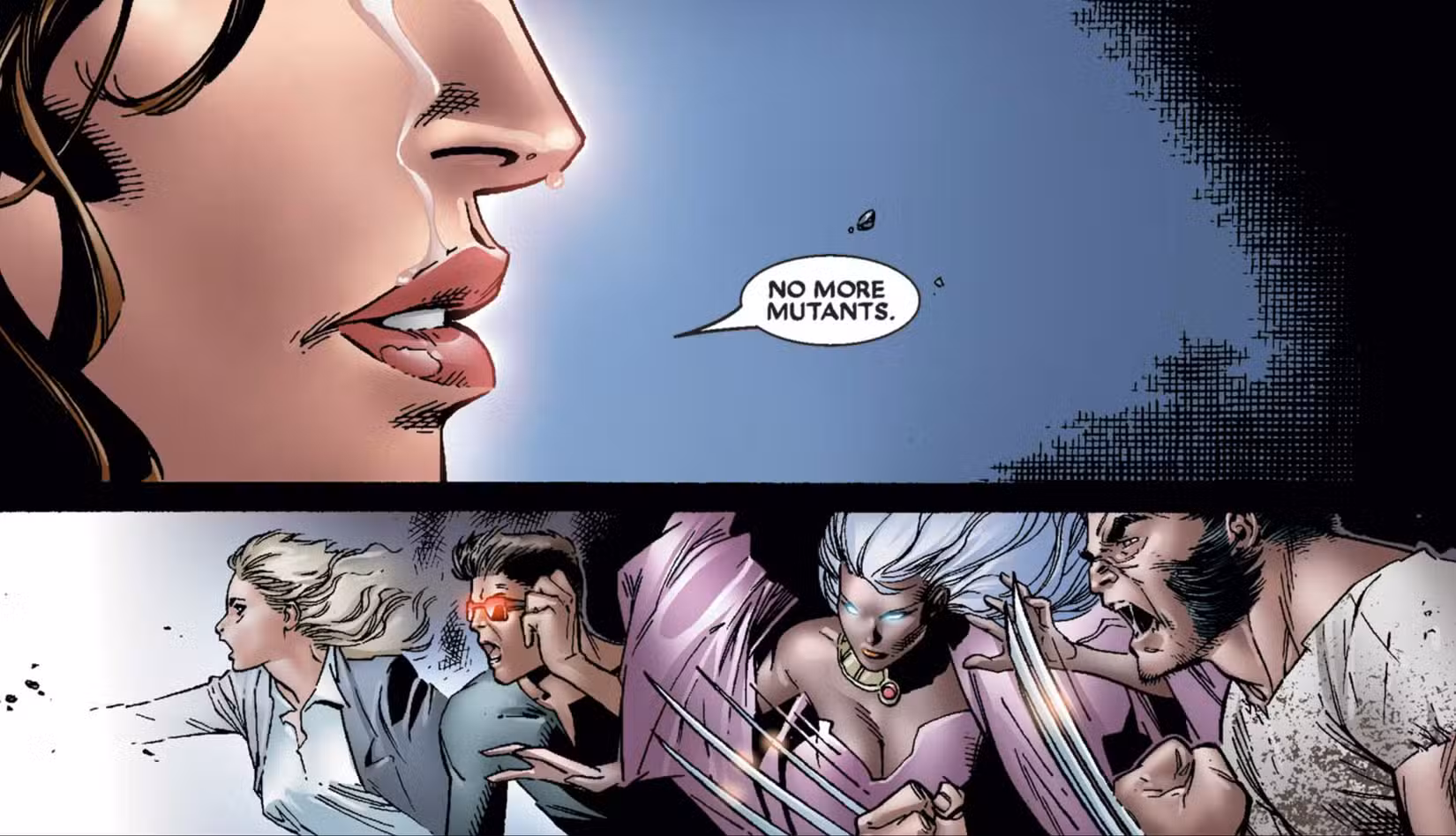 Wanda Maximoff/Feiticeira Escarlate enfraquece a maioria dos mutantes do mundo dizendo “Chega de mutantes”, em House of M #7, Marvel Comics (2005). 